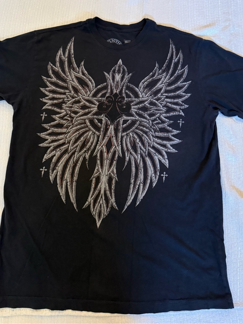 Affliction Black Crewneck with Silver Wing & Cross Graphic
